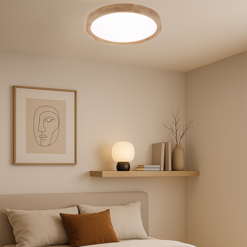 Brilagi - Светодиодный диммируемый потолочный светильник WOODROUND LED/30 Вт/230 В 3000–6000K Ø 40 см, деревянный, CRI 90 + пульт дистанционного управления