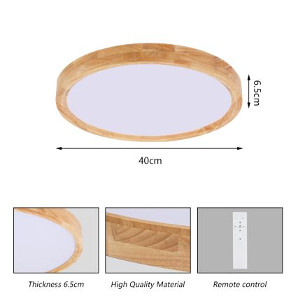Brilagi - Светодиодный диммируемый потолочный светильник WOODROUND LED/30 Вт/230 В 3000–6000K Ø 40 см, деревянный, CRI 90 + пульт дистанционного управления