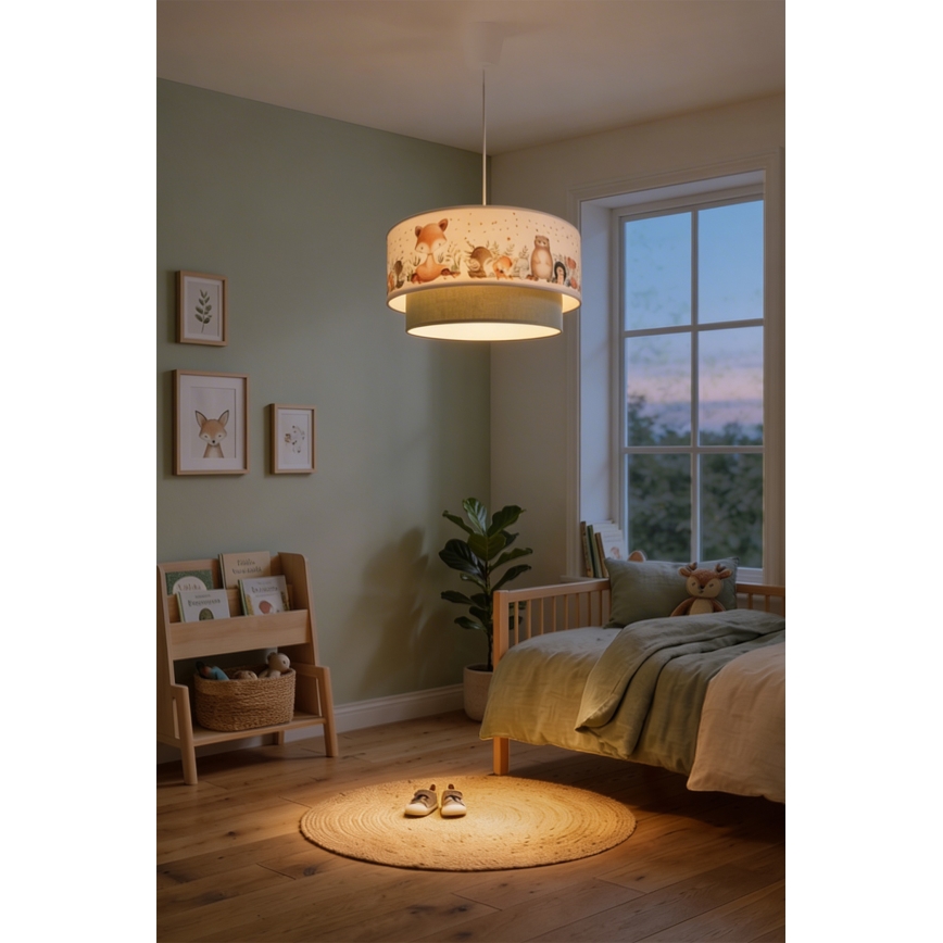 Brilagi - LED детская подвесная люстра на тросе BOBO 1xE27/60W/230V Ø 40 см белая/зеленая/с рисунком зверюшек