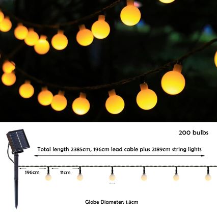 Brilagi - LED Декоративна гірлянда на сонячній батареї BUBBLE 200xLED/8 функцій 20м IP65 теплий білий