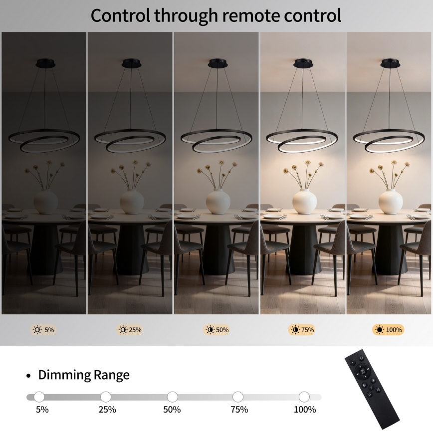 Brilagi - Диммируемая LED-подвесная люстра на тросе TWISTER LED/75W/230V 3000-6000K диаметр 70 cm чёрная + дистанционный пульт