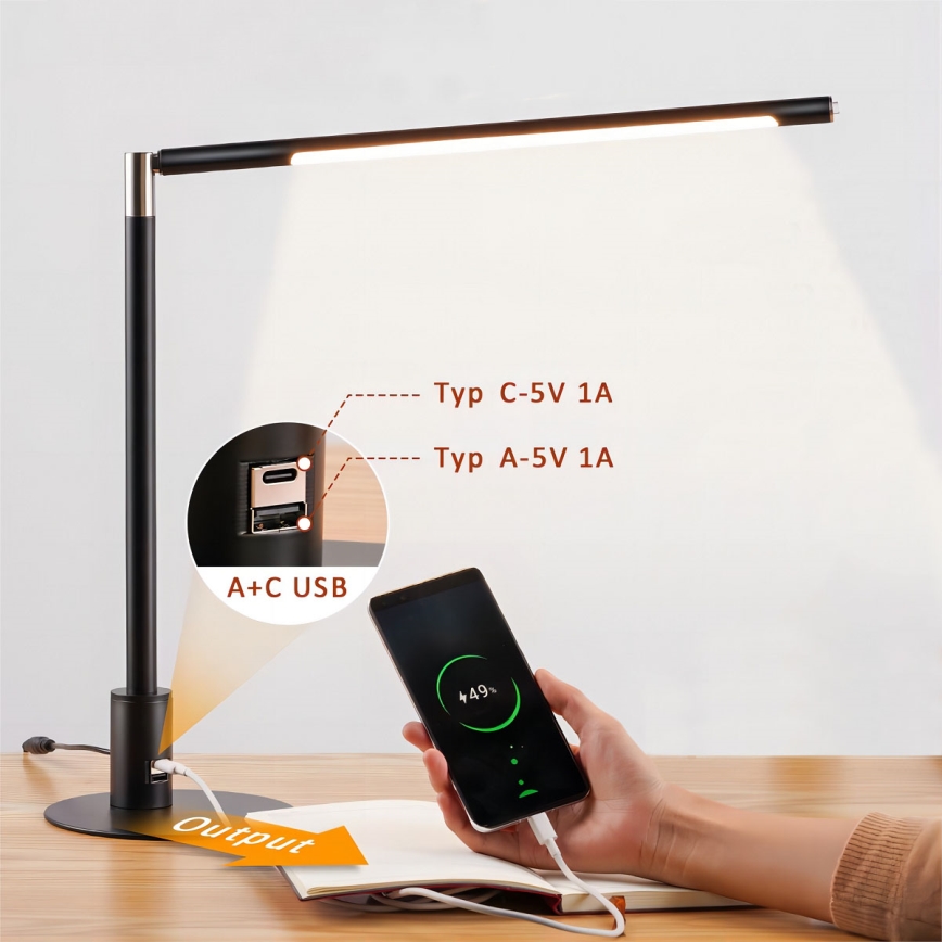 Brilagi - диммируемая сенсорная светодиодная настольная лампа с USB-портами VARIO LED/7W/230V 3000-6500K CRI 96 чёрная
