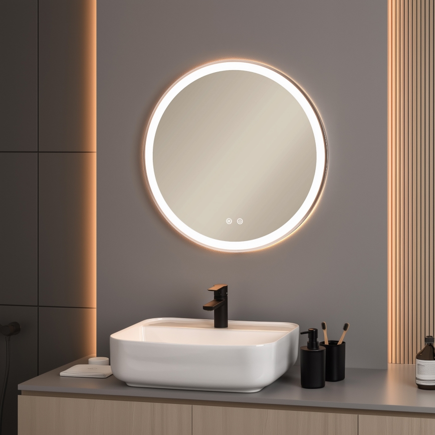 BRILAGI - диммируемое LED-зеркало для ванной с подогревом и подсветкой ALU PRO LED/18W/230V, диаметр 60 см, 3000/4000/6500K, IP44, матовый хром, CRI 90