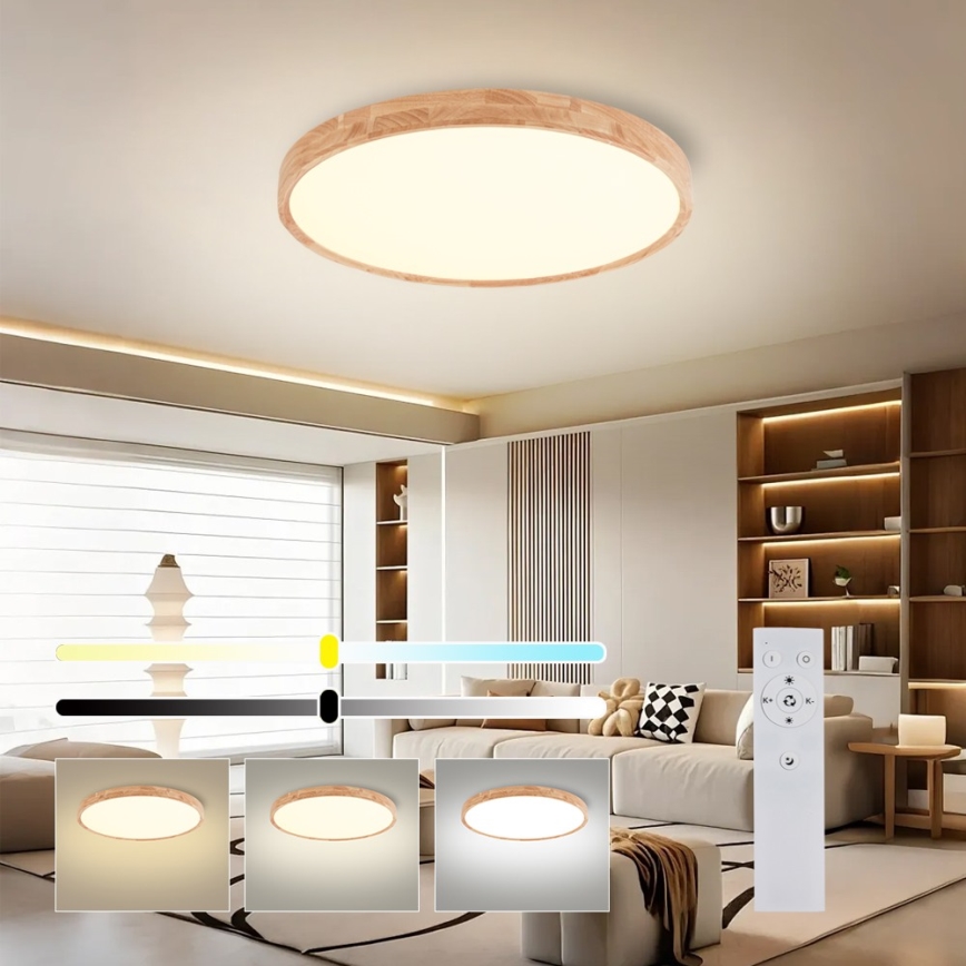 Brilagi - LED диммируемый потолочный светильник WOODROUND LED/40W/230V 3000-6000K диаметр 60 см деревянный CRI 90 + дистанционное управление