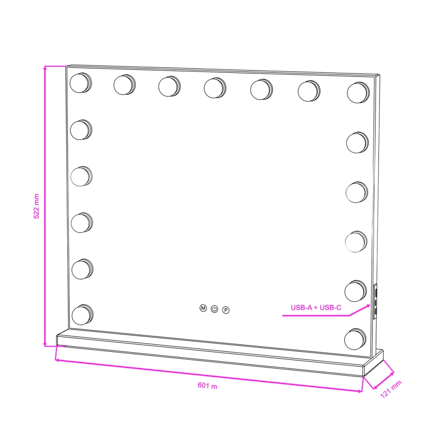 BRILAGI - Дзеркало для макіяжу з регульованою яскравістю HOLLYWOOD LED/15W/230V CCT + 2x USB 60x50 см чорне