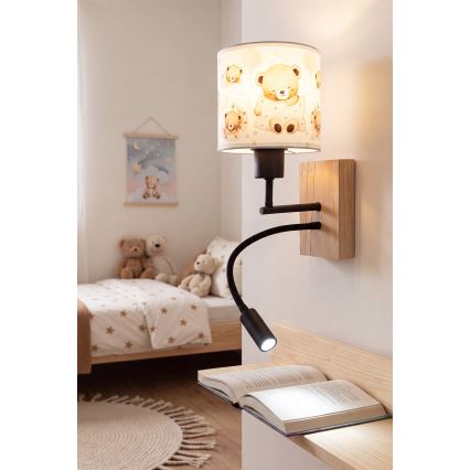 BRILAGI - LED дитяча гнучка настінна лампа BOBO WOOD 1xE27/25W/230V + LED/3W дуб/чорна/біла/ведмежата