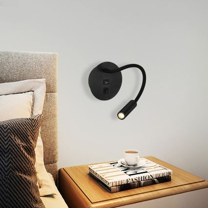 Brilagi - LED Гнучка настінна лампа з USB-портом MAYA LED/3W/230V 4000K чорний