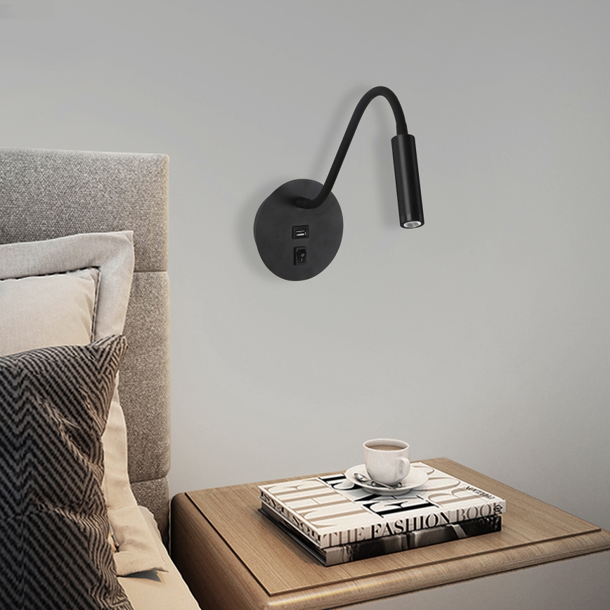 Brilagi - LED Гнучка настінна лампа з USB-портом MAYA LED/3W/230V 4000K чорний