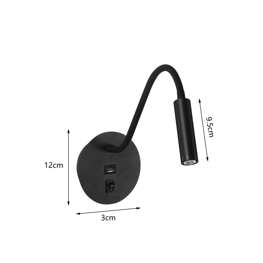 Brilagi - LED Гнучка настінна лампа з USB-портом MAYA LED/3W/230V 4000K чорний