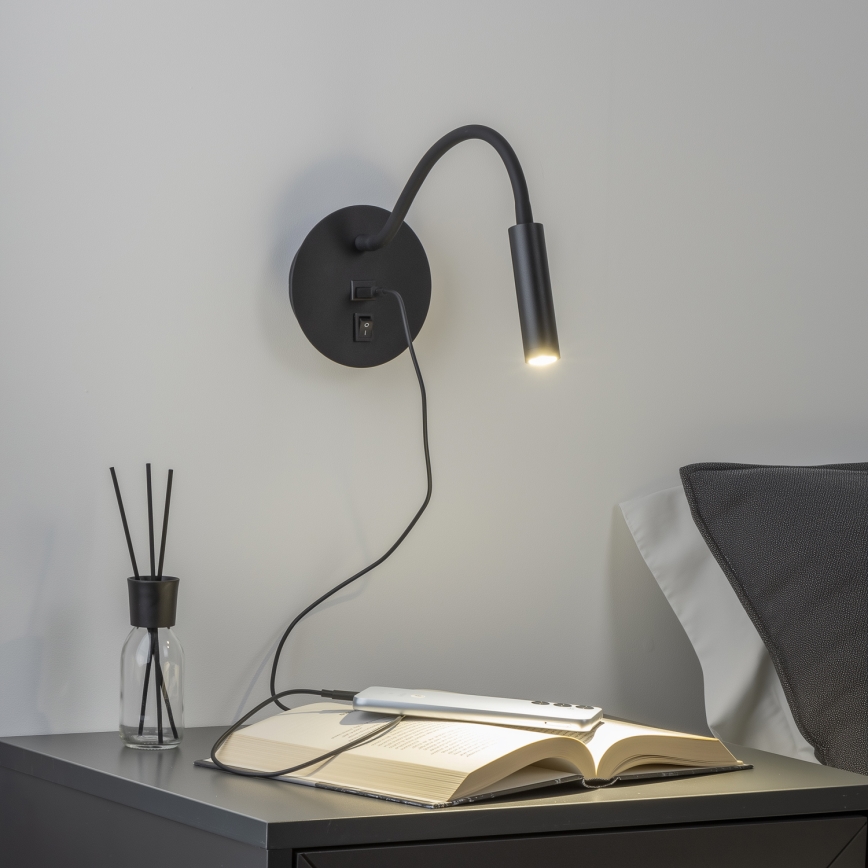Brilagi - LED Гнучка настінна лампа з USB-портом MAYA LED/3W/230V 4000K чорний
