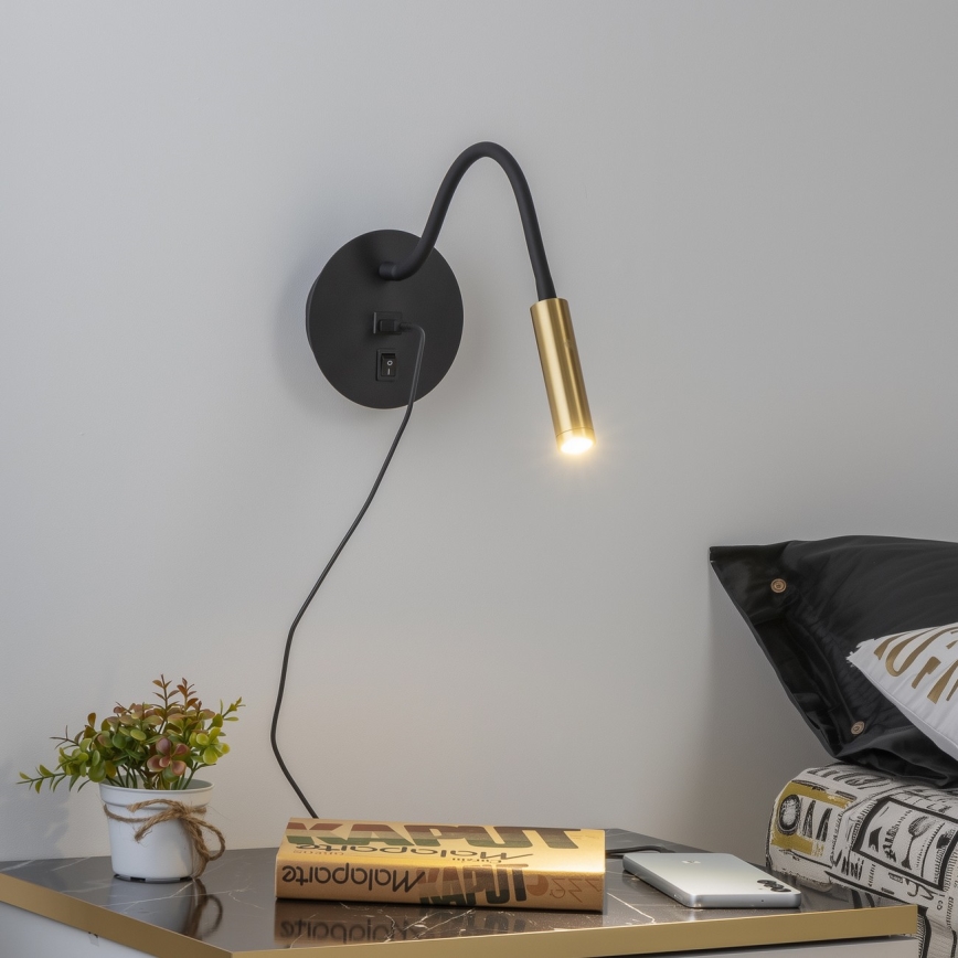 Brilagi - LED Гнучка настінна лампа з USB-портом MAYA LED/3W/230V 4000K чорний/золотий