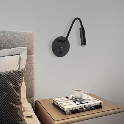Brilagi - LED Гнучка настінна лампа з USB-портом MAYA LED/3W/230V 4000K чорний
