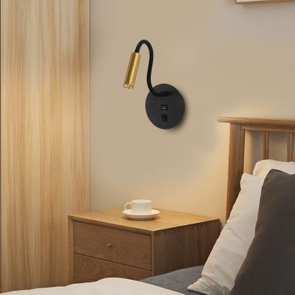 Brilagi - LED Гнучка настінна лампа з USB-портом MAYA LED/3W/230V 4000K чорний/золотий