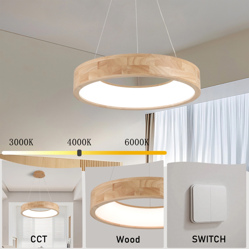 Brilagi - светодиочная люстра на тросе FALCON WOOD, LED, 30 Вт, 230 В, 3000/4000/6000 К, диаметр 45 см, деревянная