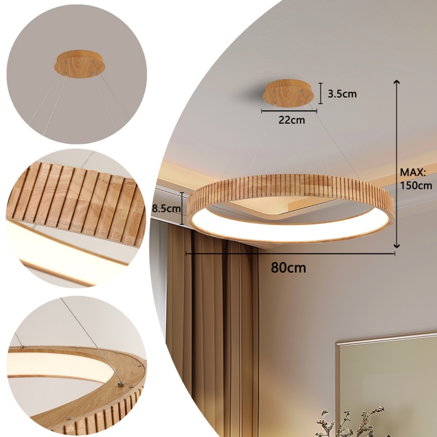 Brilagi - LED-люстра на тросі FALCON WOOD MODERN LED/60W/230V 3000/4000/6000K діам. 80 см дерев'яна