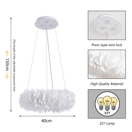 BRILAGI - LED-люстра на тросі FEATHER 3xE27/40W/230V + 3xLED/3W діам. 40 см біла