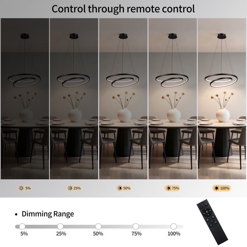 Brilagi - LED затемнювана люстра на тросі TWISTER LED/48W/230V 3000-6000K, діам. 50 см, чорна + пульт дистанційного керування