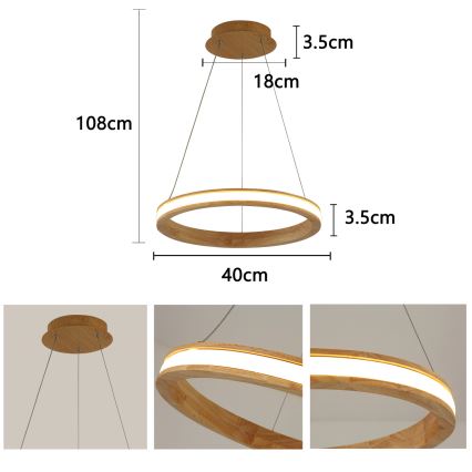 Brilagi - LED-люстра на тросі UMEA WOOD LED/30Вт/230В, діаметр 40 см, з дерева