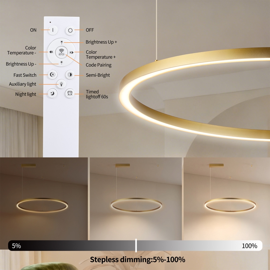 Brilagi - LED затемнювана підвісна люстра на тросі PORTOFINO LED/60W/230V 3000-6000K діам. 80 cm золота + дистанційне керування