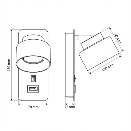 Brilagi - LED Настенный светильник с USB-портом AURA LUX, 1×GX53/30 Вт/230 В, чёрный/дымчатый