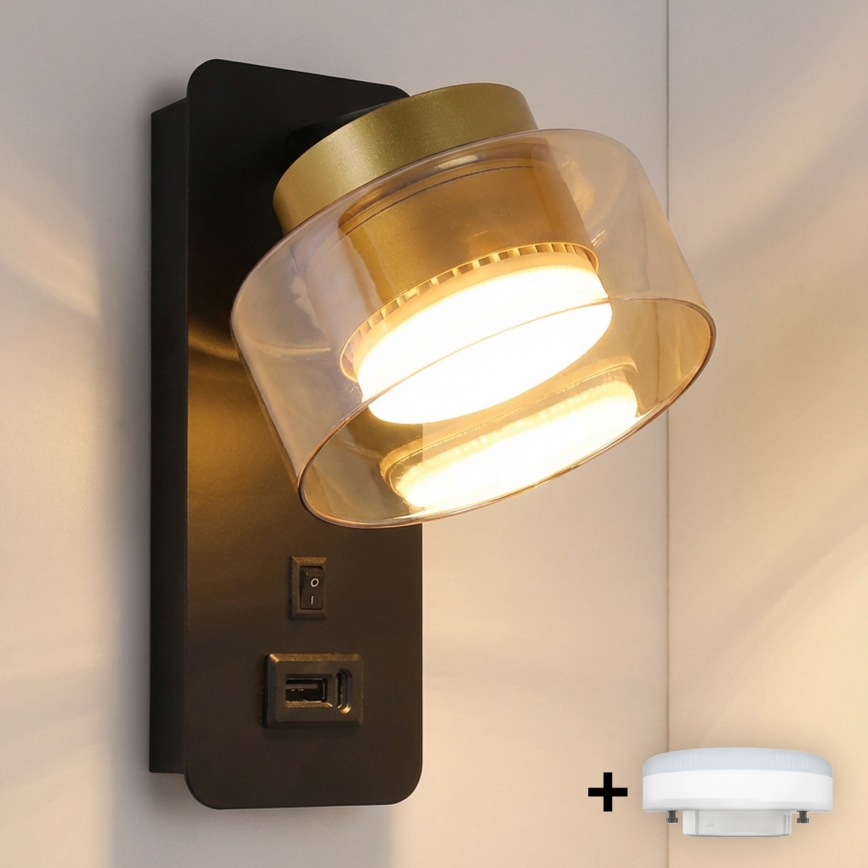 Brilagi - LED Настінний світильник із USB-портом AURA LUX 1xGX53/30W/230V чорна/золота