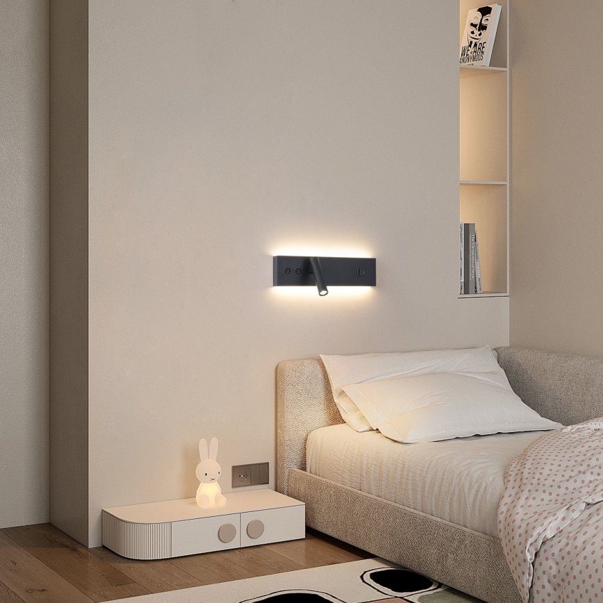 Brilagi - LED настінний точковий світильник з USB‑портом NOCTIS LED/3W/230V + LED/9W чорний