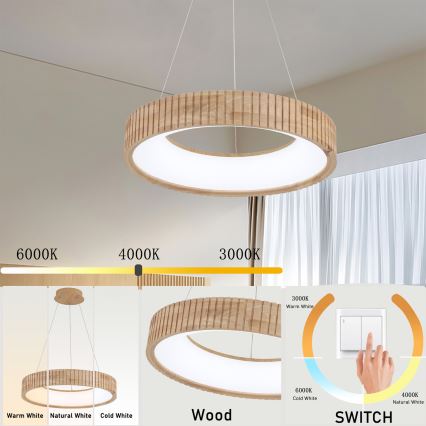 Brilagi - LED-люстра на тросі FALCON WOOD MODERN LED/30W/230V 3000/4000/6000K, діаметр 45 см, дерев'яна