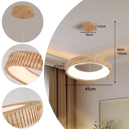 Brilagi - LED-люстра на тросі FALCON WOOD MODERN LED/30W/230V 3000/4000/6000K, діаметр 45 см, дерев'яна