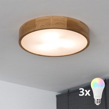 Brilagi - LED RGBW диммируемый потолочный светильник CARVALHO 3xE27/9W/230V 2700-6500K Wi-Fi дуб диам. 47,5 см