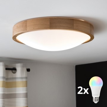 BRILAGI - LED RGBW диммируемый потолочный светильник CARVALHO SLIM 2xE27/12W/230V 2700-6500K дуб диаметр 37 см