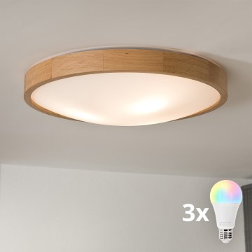 Брілагі - LED RGBW димований стельовий світильник CARVALHO SLIM 3xE27/12W/230V 2700-6500K дуб діам. 47 см