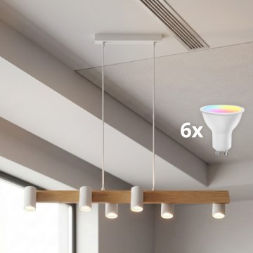 BRILAGI - LED RGBW підвісна люстра з регульованою яскравістю на тросі SELE 6xGU10/6,5W/230V 2700-6500K біла/декор дуба + пульт дистанційного керування