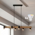 BRILAGI - LED RGBW регульована підвісна люстра на тросі SELE 6xGU10/6,5W/230V 2700-6500K чорна/декор дуба + пульт дистанційного керування