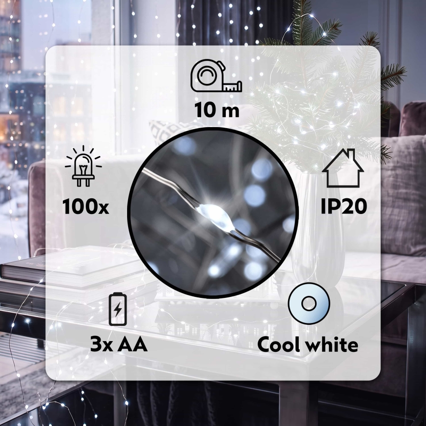 Brilagi - LED різдвяна гірлянда 100xLED/3xAA 10m холодно-білий