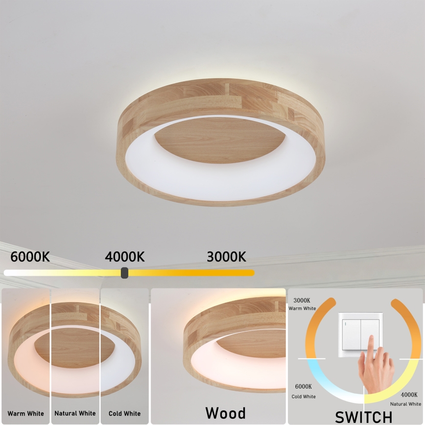 Brilagi - LED-стельовий світильник FALCON WOOD, 30 Вт, 230 В, 3000/4000/6000 К, діаметр 45 см, дерев'яний