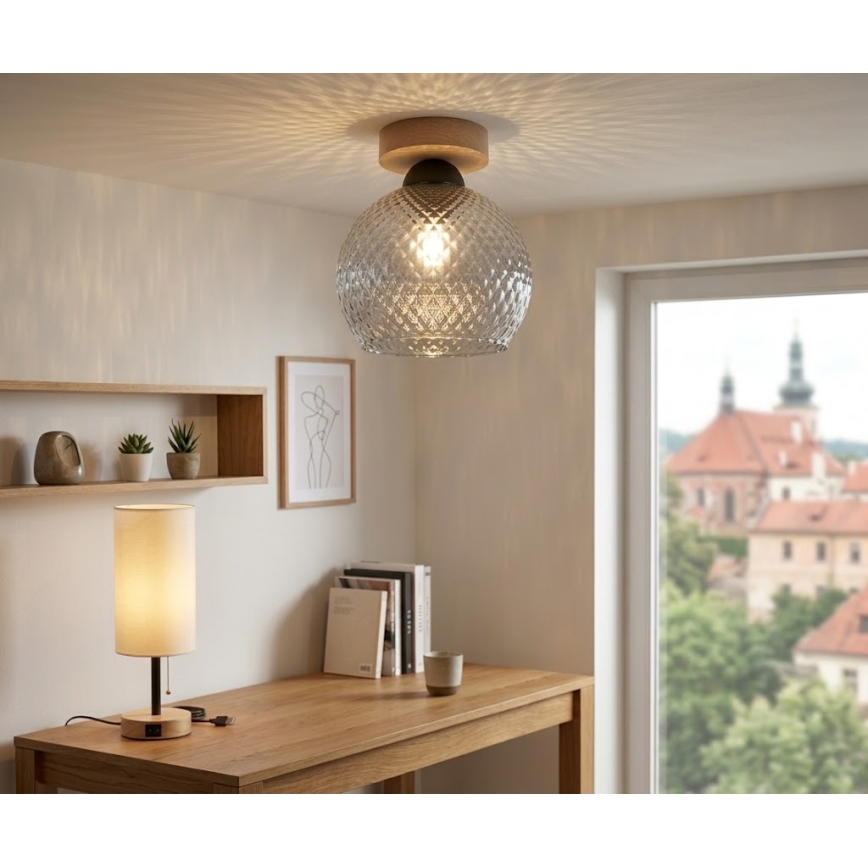 BRILAGI - Світлодіодний стельовий світильник RETRO GLASS 1xE27/60W/230V Ø 18 см дуб/димчасто-сірий