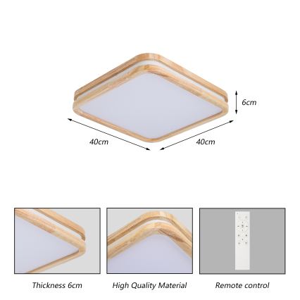 BRILAGI - стельовий LED‑світильник із регулюванням яскравості MOLINA SQUARE LED/48W/230V 3000-6000K дуб 40x40 cm + пульт дистанційного керування