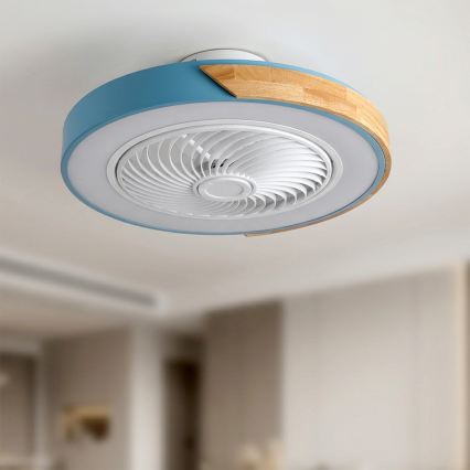 Brilagi - LED-затемнюваний стельовий світильник із вентилятором, 38 Вт/230 В, 3000–6500 К, діаметр 50 см, синій/дуб + пульт дистанційного керування