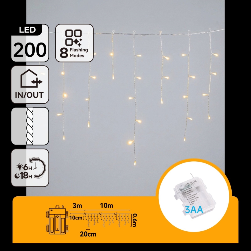 BRILAGI - LED зовнішня різдвяна гірлянда 200×LED/3×AA/8 режимів/13×0,6 м/IP44 теплий білий
