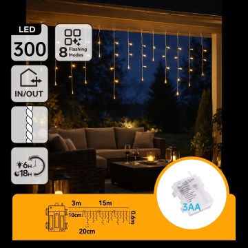 BRILAGI - LED вулична різдвяна гірлянда 300xLED/3xAA/8 функцій 18x0,6m IP44 тепле біле світло