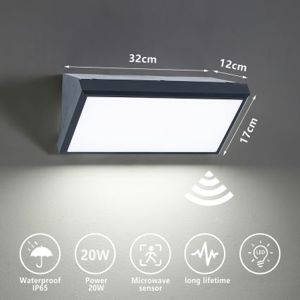 Brilagi - LED Вуличний настінний світильник з датчиком TRIANGLE LED/20W/230V антрацит IP65