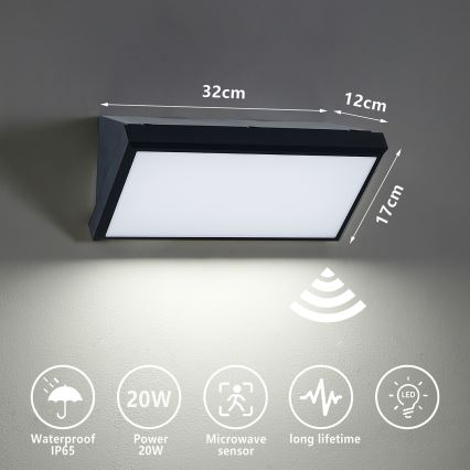 Brilagi - LED Вуличний настінний світильник з датчиком TRIANGLE LED/20W/230V чорний IP65