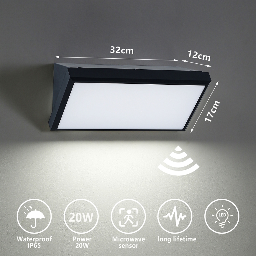 Brilagi - LED Вуличний настінний світильник з датчиком TRIANGLE LED/20W/230V чорний IP65