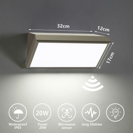 Brilagi - LED Вуличний настінний світильник з датчиком TRIANGLE LED/20W/230V сірий IP65