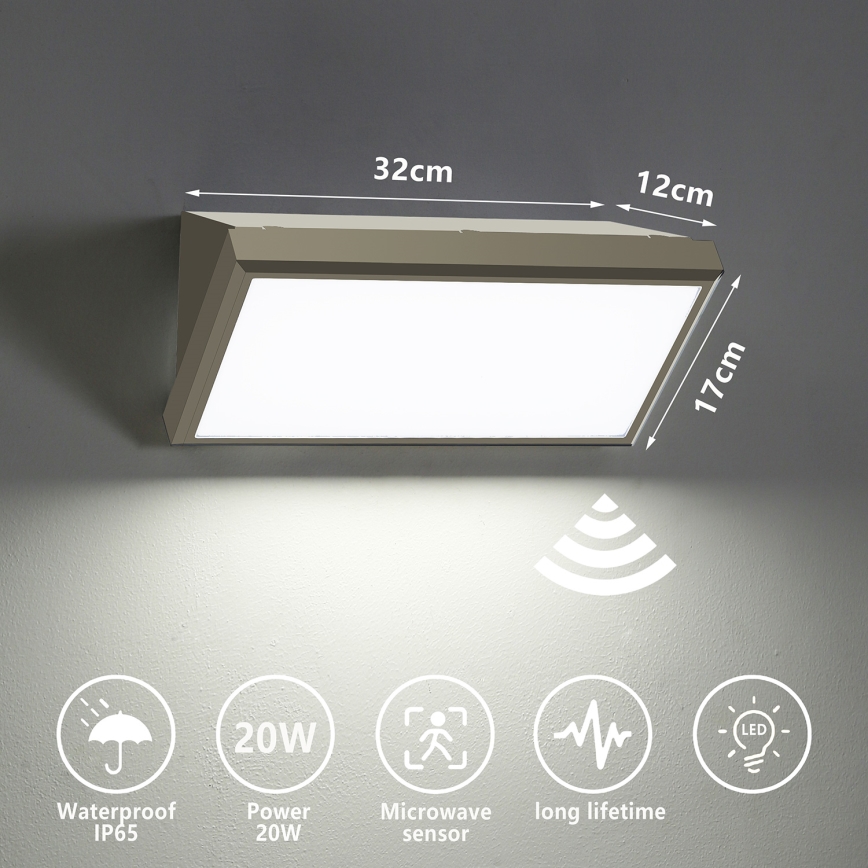 Brilagi - LED Вуличний настінний світильник з датчиком TRIANGLE LED/20W/230V сірий IP65