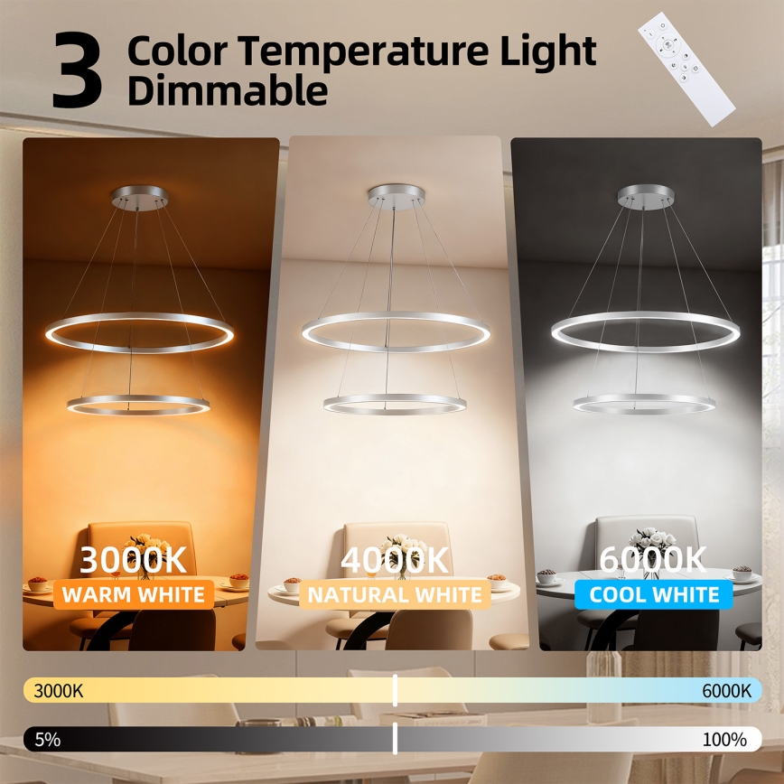 Brilagi - регульована LED-люстра на тросі PORTOFINO LED/98W/230V 3000-6000K, діаметр 80 см, срібляста + пульт дистанційного керування