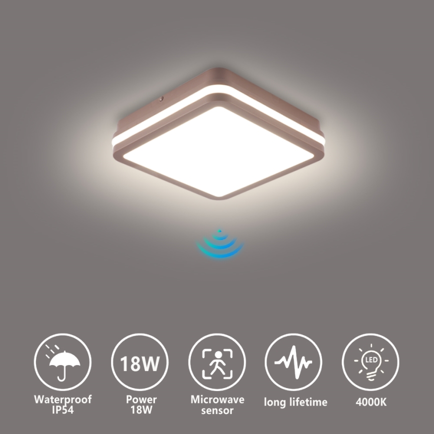 Brilagi - LED зовнішній стельовий світильник BENE із сенсором LED/18W/230V 21,5x21,5 см, коричневий, IP54