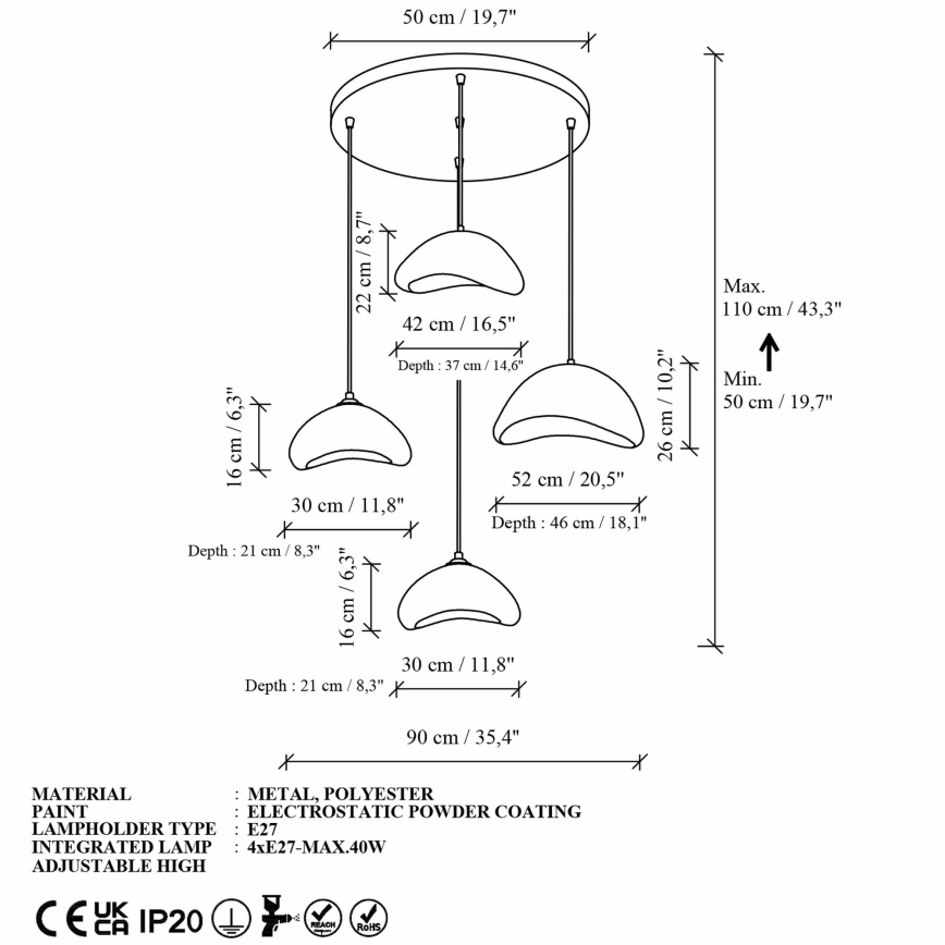 Brilagi - Люстра на тросі WABI SABI 4xE27/40W/230V діам. 90 см біла