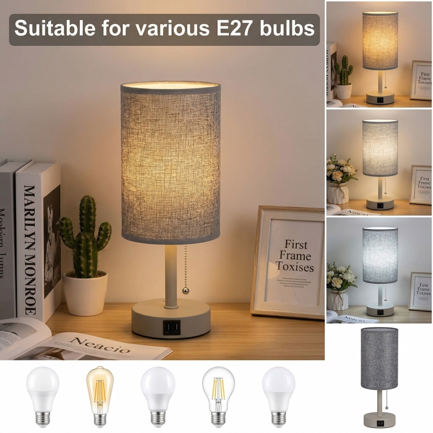 Brilagi - настільна лампа з USB-портом TABLON 1xE27/25W/230V бежева/сіра