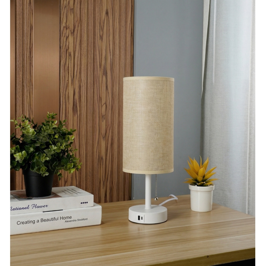 Brilagi - Настільна лампа з USB-портом TABLON 1xE27/25W/230V біла/бежева